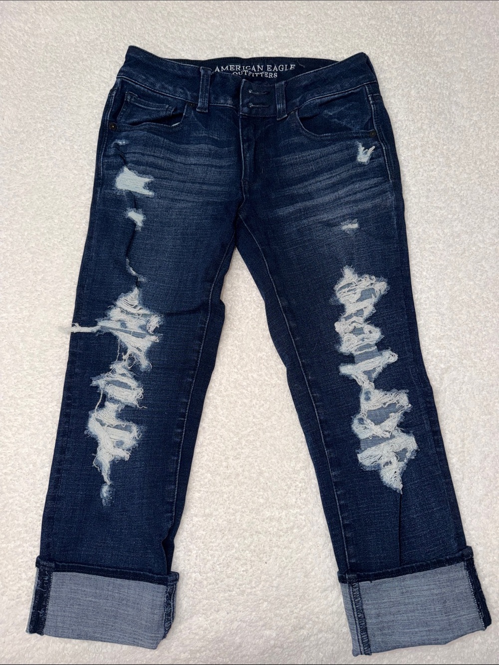 American Eagle Outfitters Dark Navy Distressed Cropped Boyfriend Jeans